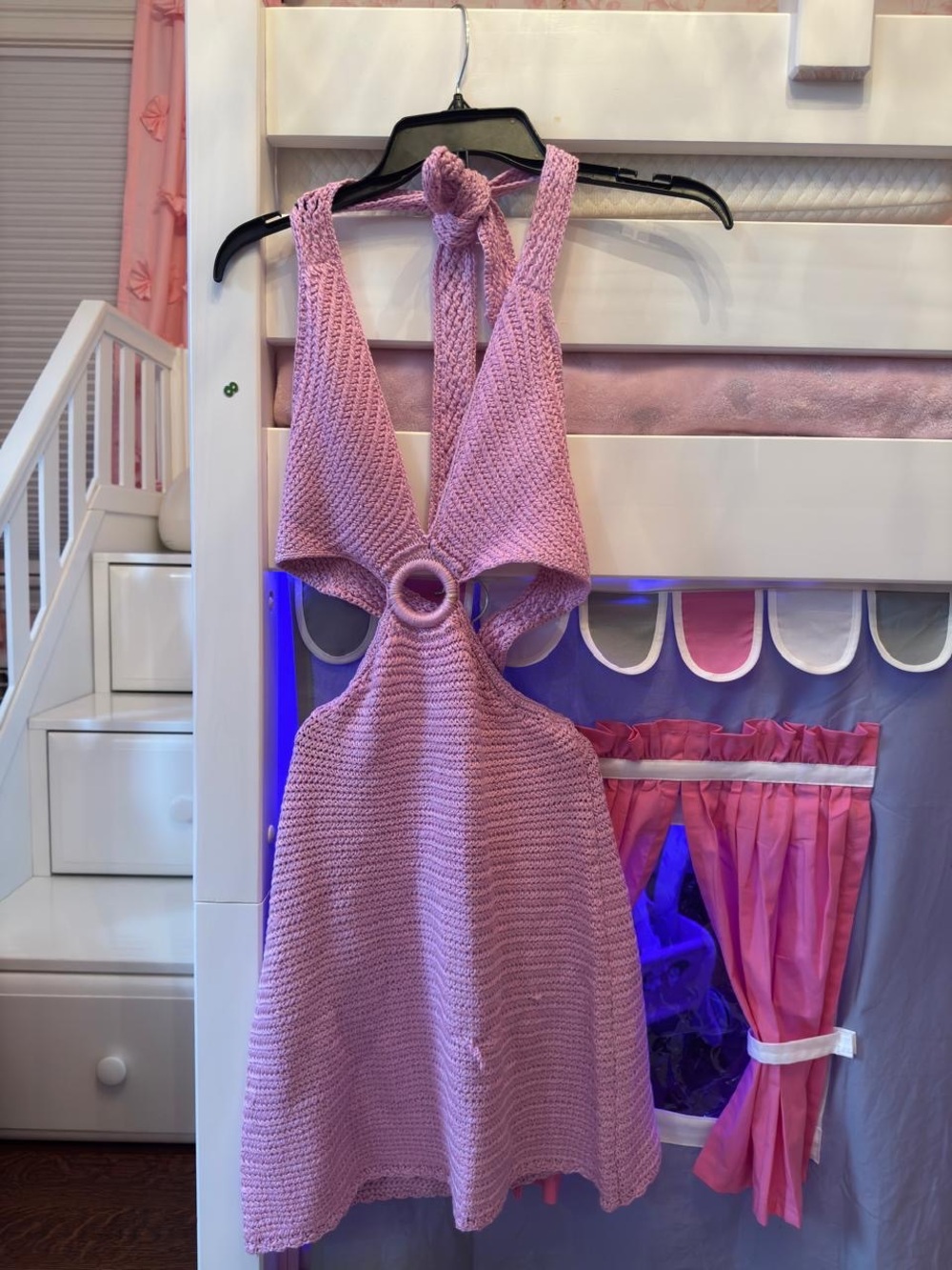 Elan Lavender Crochet Halter Backless Mini Dress with Ring Detail